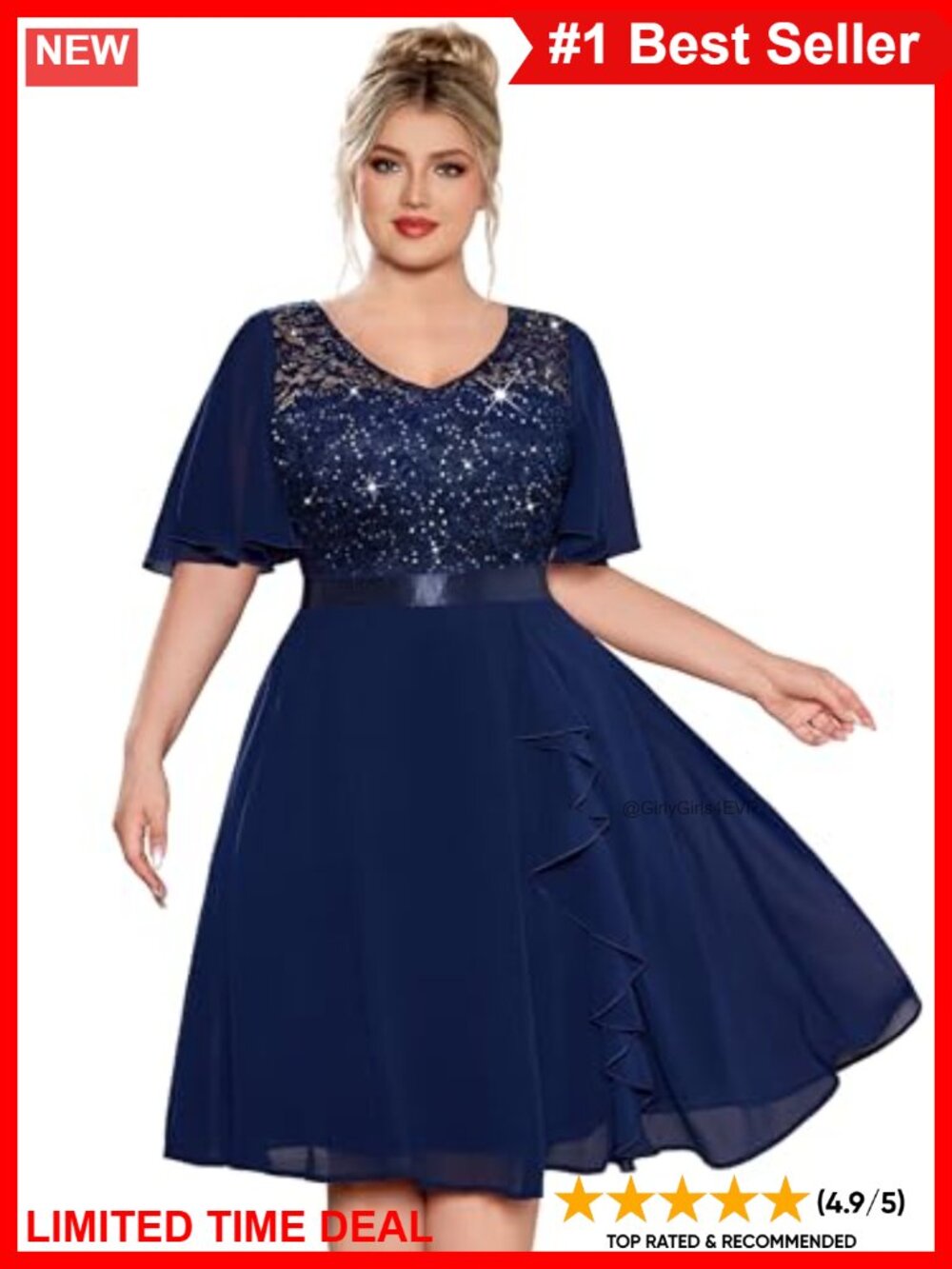 Plus Size Sequin Lace V-Neck Cocktail Formal Wedding Guest Dress